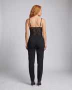 Women's Lace Bodysuit with Elegant V-Neck, Decorative Button Closure - Back View