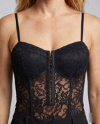 Women's Lace Bodysuit with Elegant V-Neck, Decorative Button Closure - Close-Up Detail