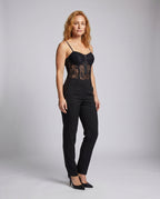Women's Lace Bodysuit with Elegant V-Neck, Decorative Button Closure - Front View