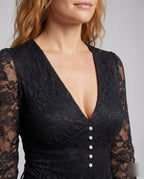 Women's Lace Bodysuits with Elegant V-Neckline and Decorative Buttons - Close-Up Detail