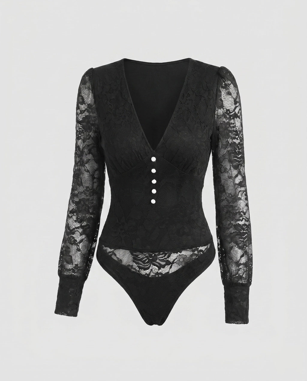 Women's Lace Bodysuits with Elegant V-Neckline and Decorative Buttons