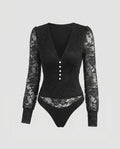 Women's Lace Bodysuits with Elegant V-Neckline and Decorative Buttons