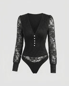 Women's Lace Bodysuits with Elegant V-Neckline and Decorative Buttons