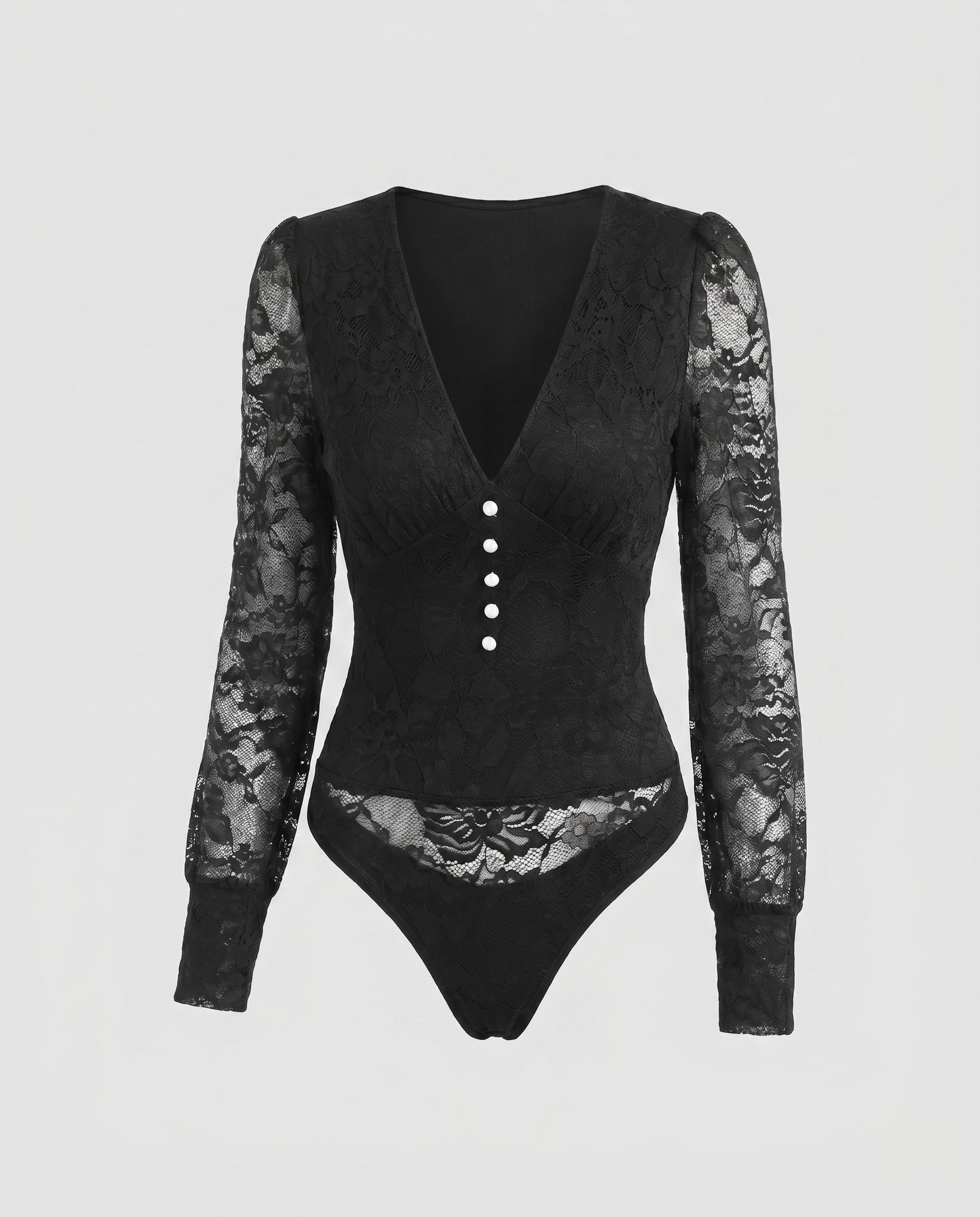 Women's Lace Bodysuits with Elegant V-Neckline and Decorative Buttons