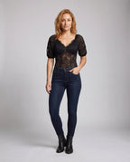 Women's Lace Bodysuits with Puff Sleeves - Front View