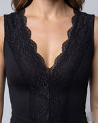 Women's Lace Bodysuits with Deep V-Neck and Long Sleeves - Close-Up Detail