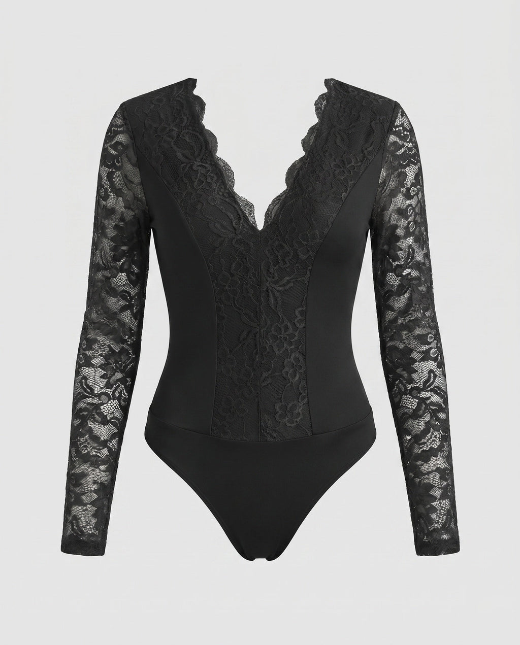Women's Lace Bodysuits with Deep V-Neck and Long Sleeves
