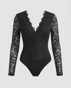 Women's Lace Bodysuits with Deep V-Neck and Long Sleeves