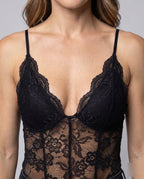 Women's Lace Bodysuits with Deep V-Neck and Delicate Ruffles - Close-Up Detail
