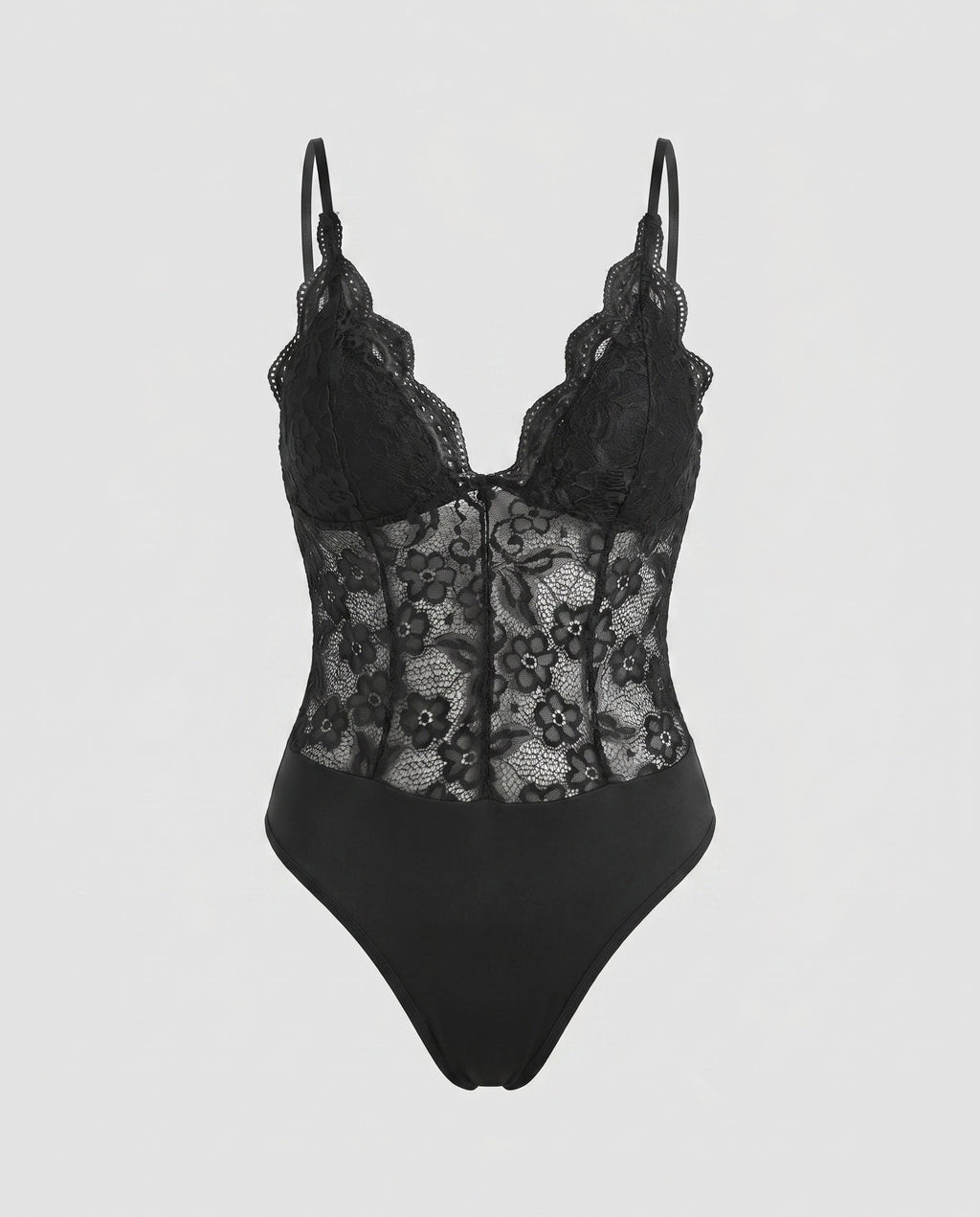 Women's Lace Bodysuits with Deep V-Neck and Delicate Ruffles
