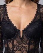 Women's Lace Bodysuit with Long Sleeves and Seductive Design - Close-Up Detail