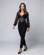 Women's Lace Bodysuit with Long Sleeves and Seductive Design - Front View