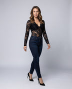 Women's Lace Bodysuit with Deep V-Neck and Detailed Crochet Work - Front View