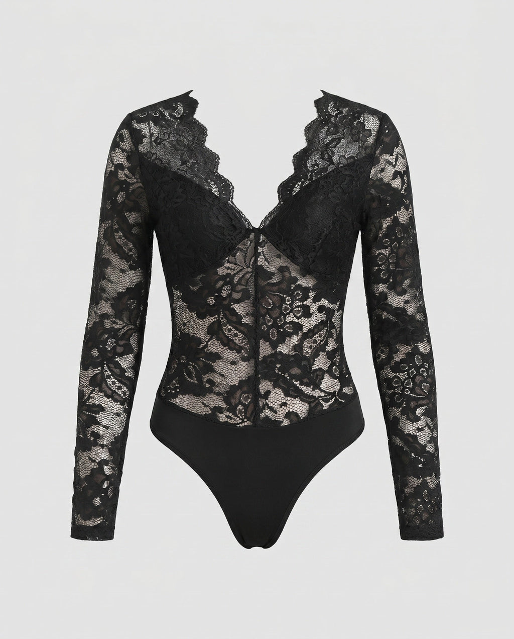 Women's Lace Bodysuit with Deep V-Neck and Detailed Crochet Work