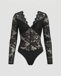 Women's Lace Bodysuit with Deep V-Neck and Detailed Crochet Work