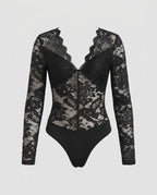 Women's Lace Bodysuit with Deep V-Neck and Detailed Crochet Work