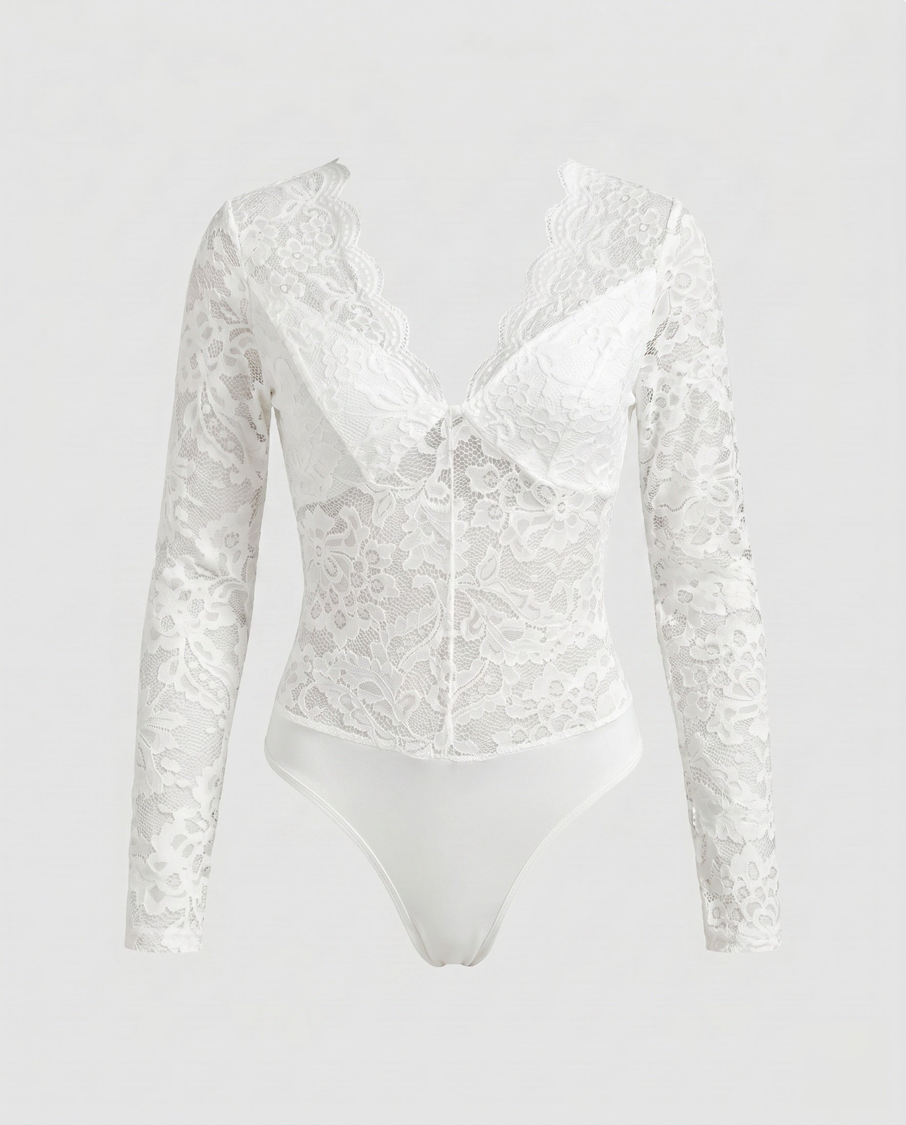 Women's Lace Bodysuit with Deep V-Neck and Detailed Crochet Work