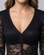 Women's Lace Bodysuit with Deep V-Neck and Elegant Button Closure - Close-Up Detail