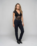 Women's Lace Bodysuit with Deep V-Neckline, Elegant Lace Embellishment - Front View