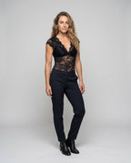 Women's Lace Bodysuit with Deep V-Neckline, Elegant Lace Embellishment - Front View