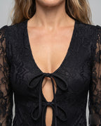Women's Lace Bodysuit with Deep V-Neck and Ruffle Details - Close-Up Detail