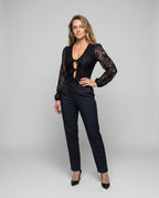 Women's Lace Bodysuit with Deep V-Neck and Ruffle Details - Front View