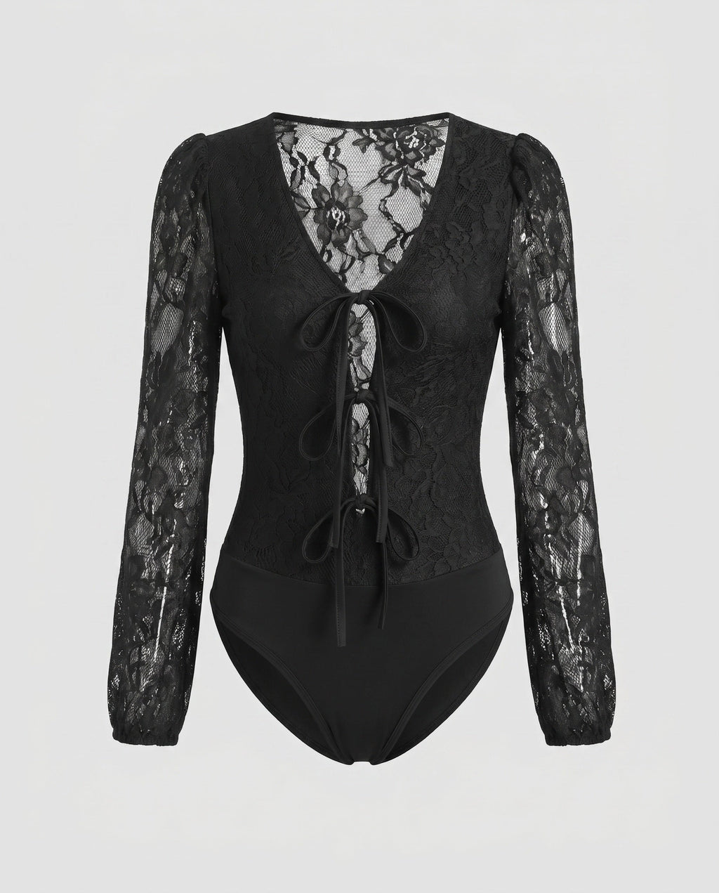 Women's Lace Bodysuit with Deep V-Neck and Ruffle Details