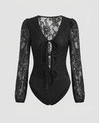 Women's Lace Bodysuit with Deep V-Neck and Ruffle Details