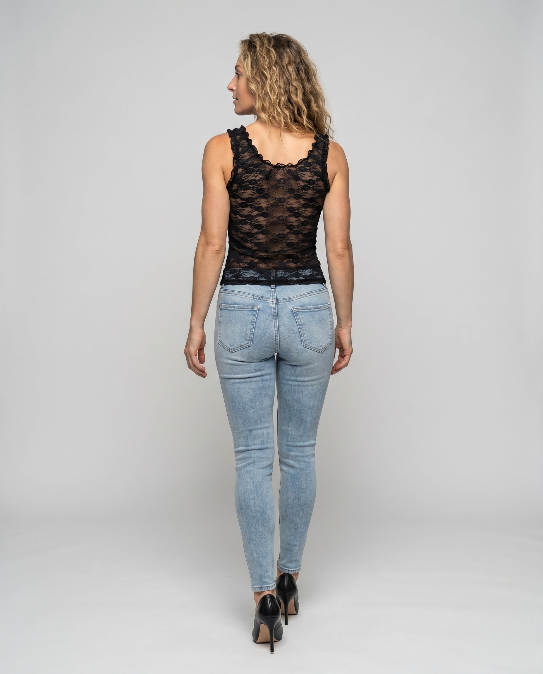 Women's Lace Top with Ruffles and Decorative Bow - Back View