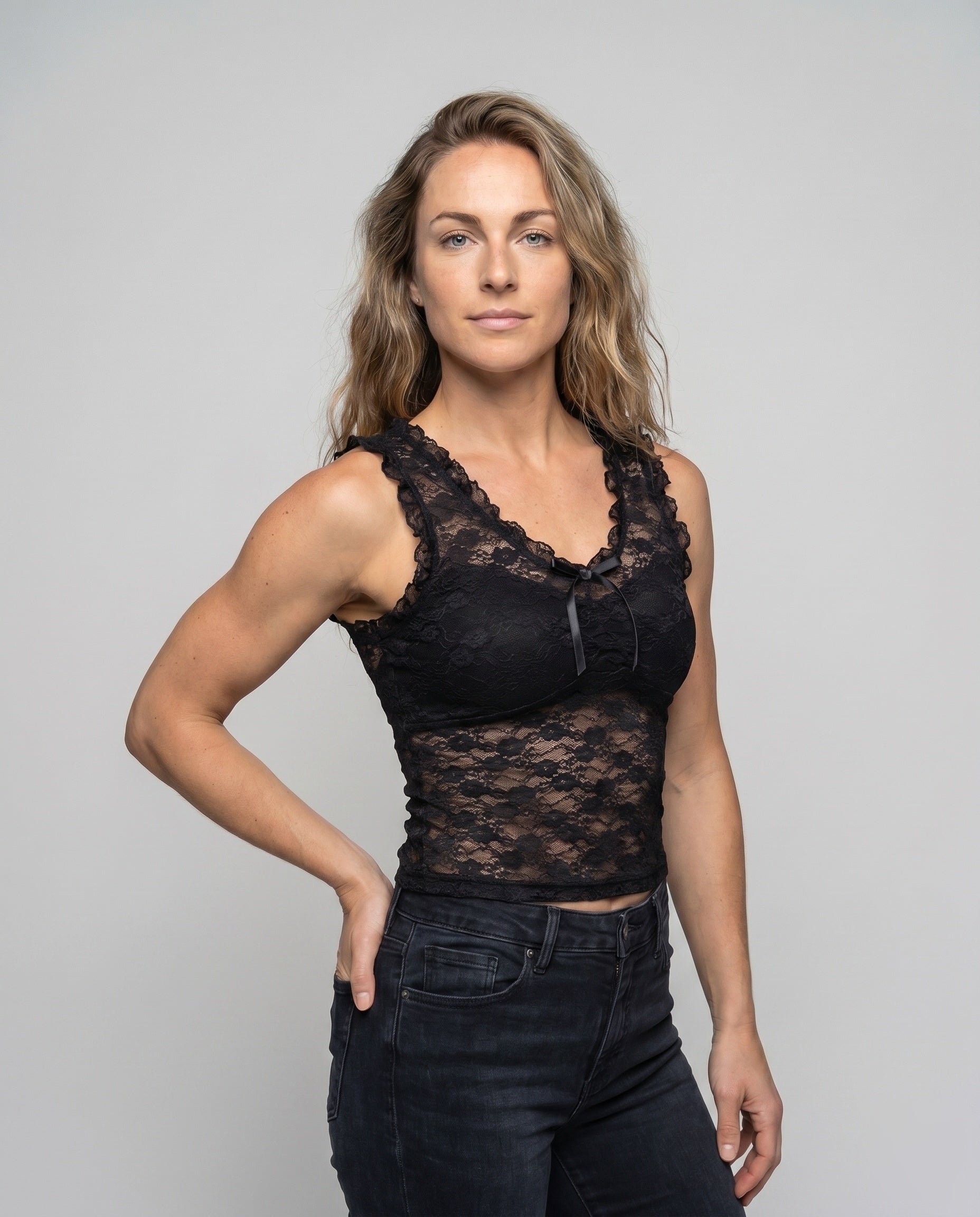 Women's Lace Top with Ruffles and Decorative Bow - Upper Body View