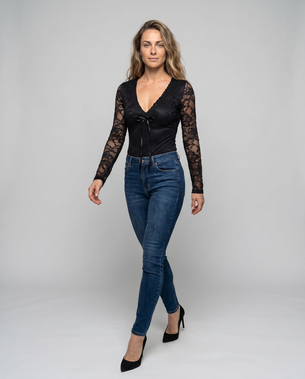 Women's Lace Top with Deep V-Neckline and Sophisticated Lacing - Front View