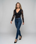 Women's Lace Top with Deep V-Neckline and Sophisticated Lacing - Front View