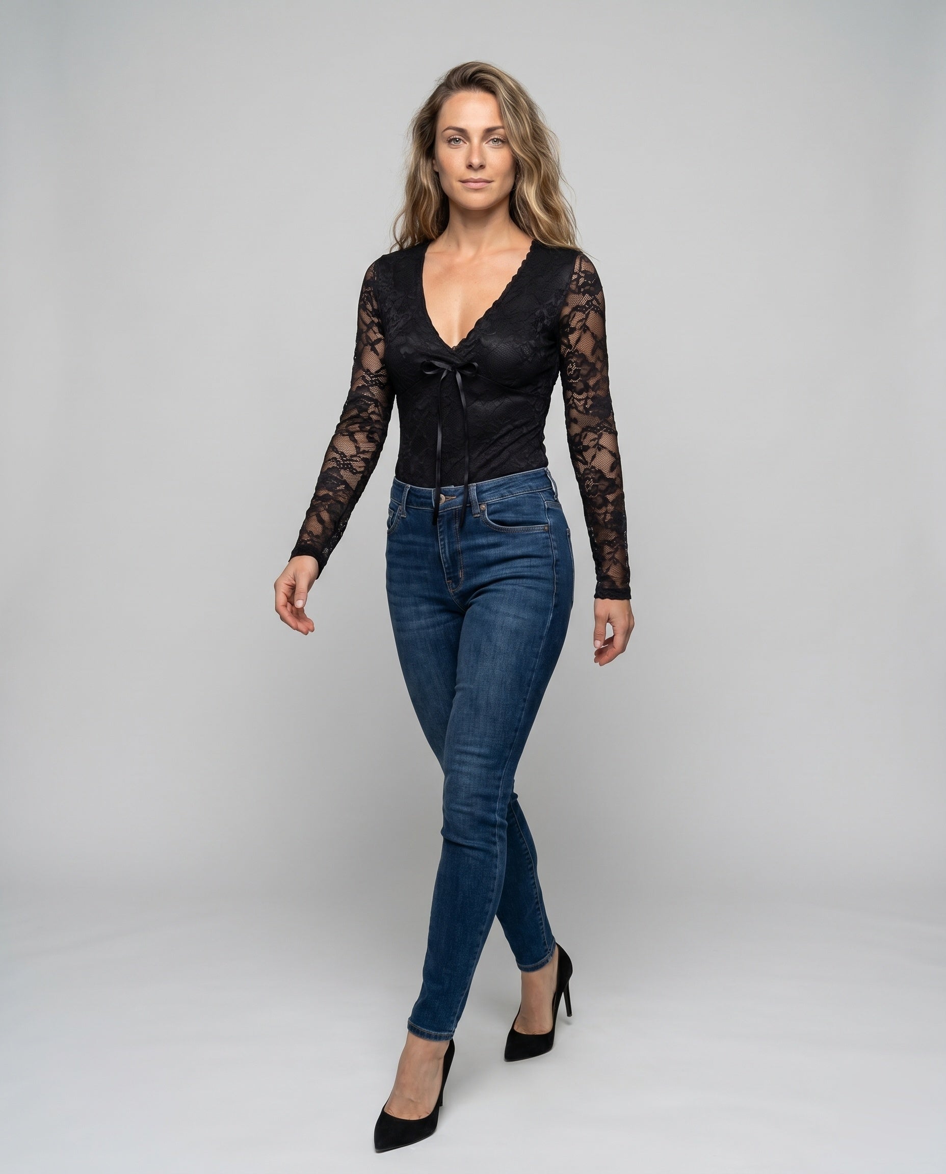 Women's Lace Top with Deep V-Neckline and Sophisticated Lacing - Front View