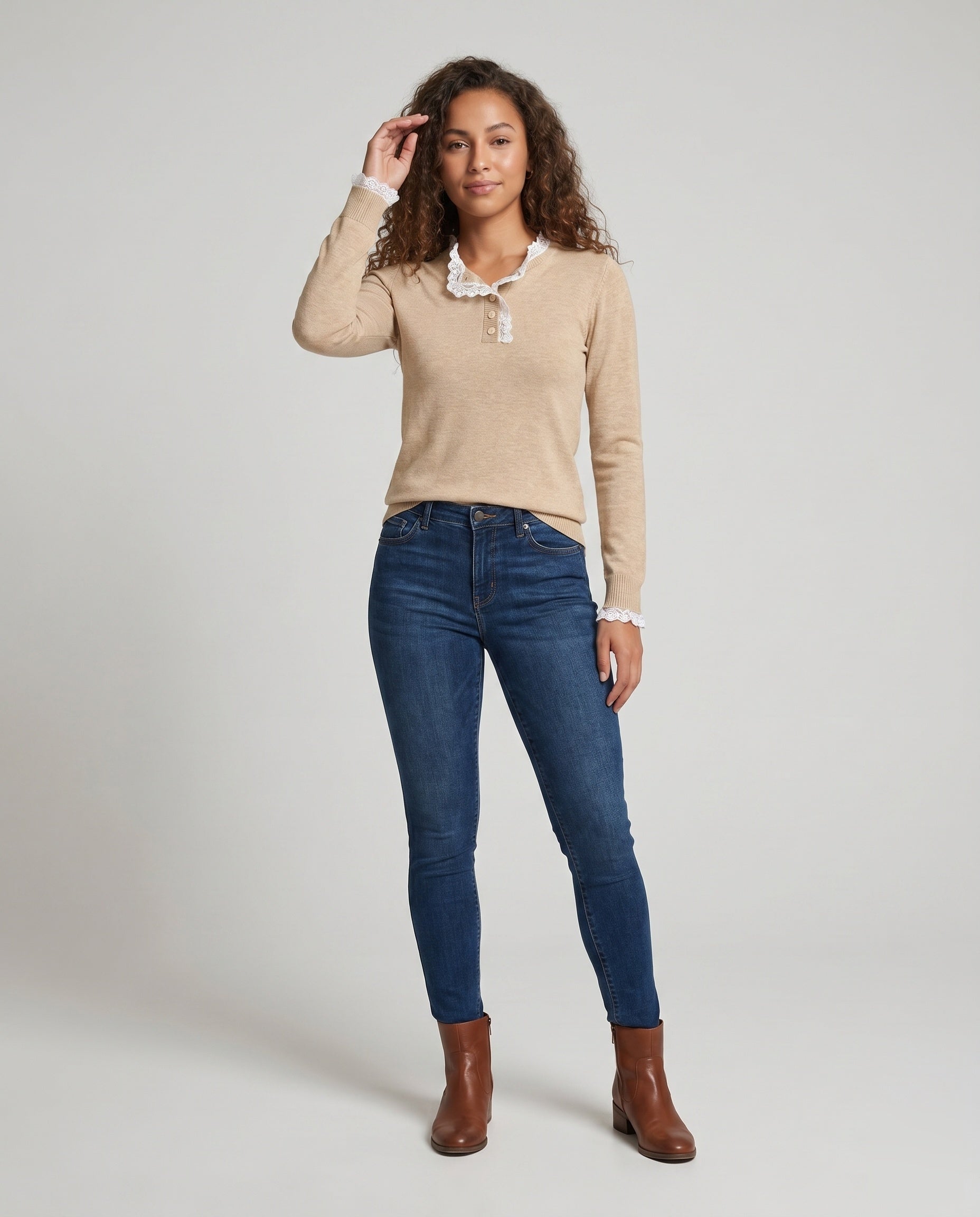 Women's Knitted Sweater with Elegant Lace Decoration - Front View