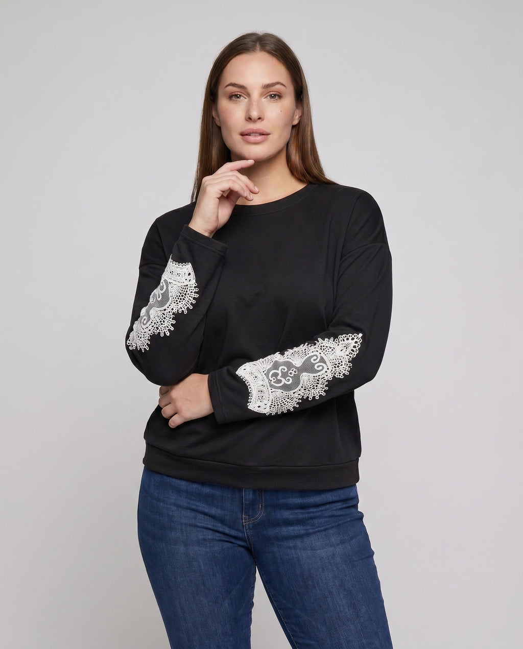 Women's Sweatshirt with Elegant Lace Trim - Upper Body View