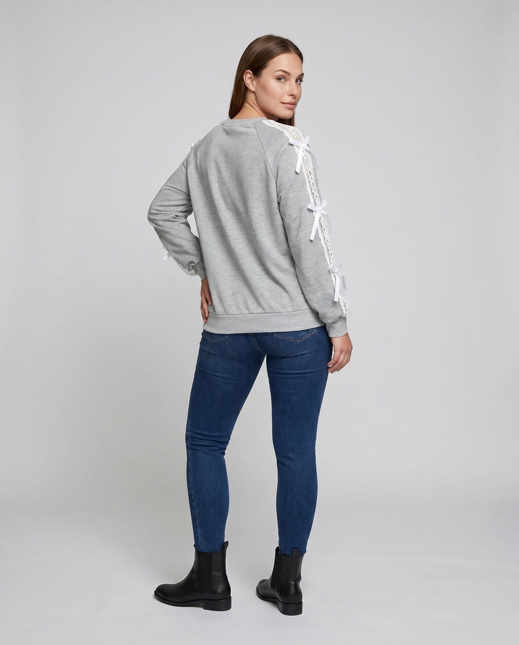 Women's Sweatshirt with Fine Lace Accents and Decorative Bows - Back View