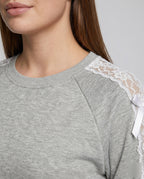 Women's Sweatshirt with Fine Lace Accents and Decorative Bows - Close-Up Detail