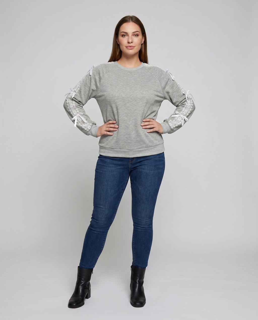 Women's Sweatshirt with Fine Lace Accents and Decorative Bows - Front View