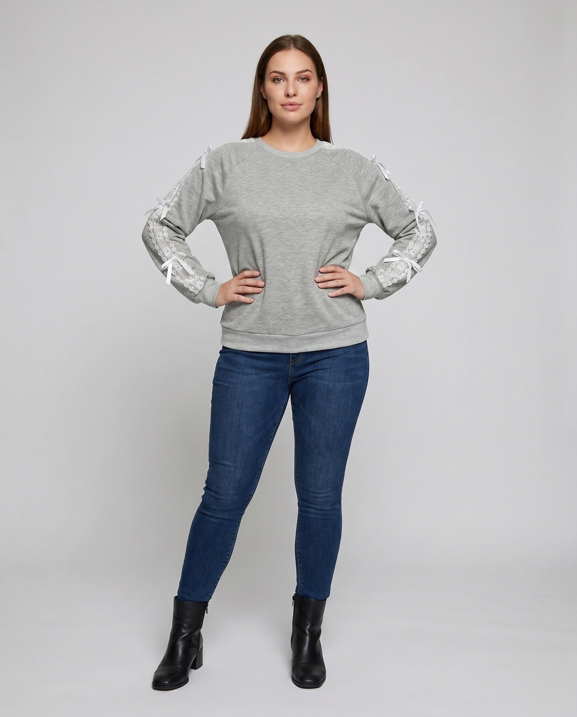Women's Sweatshirt with Fine Lace Accents and Decorative Bows - Front View