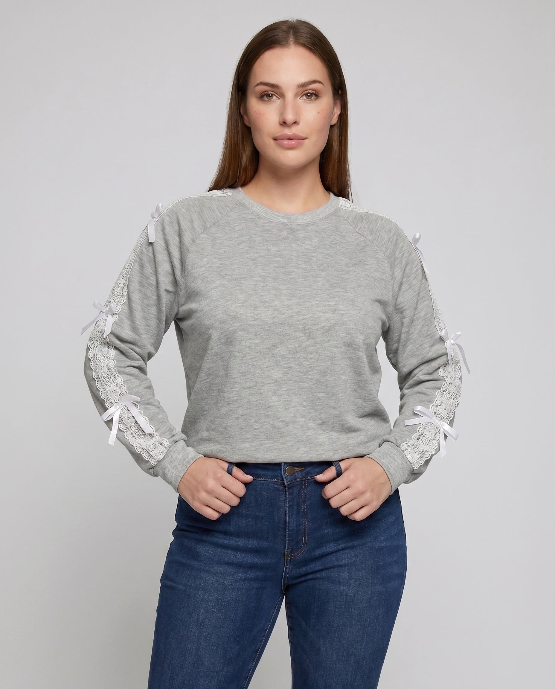 Women's Sweatshirt with Fine Lace Accents and Decorative Bows - Upper Body View