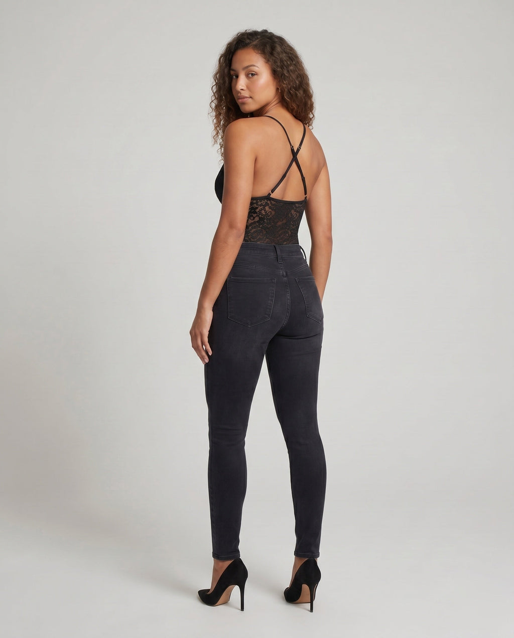 Women's Seductive Lace Bodysuit with Spaghetti Straps, Deep Neckline - Back View
