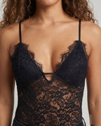 Women's Seductive Lace Bodysuit with Spaghetti Straps, Deep Neckline - Close-Up Detail