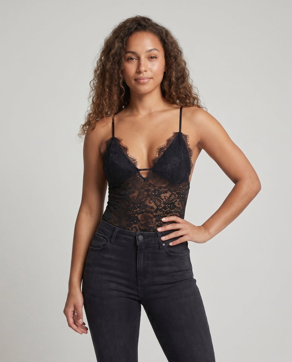 Women's Seductive Lace Bodysuit with Spaghetti Straps, Deep Neckline - Upper Body View