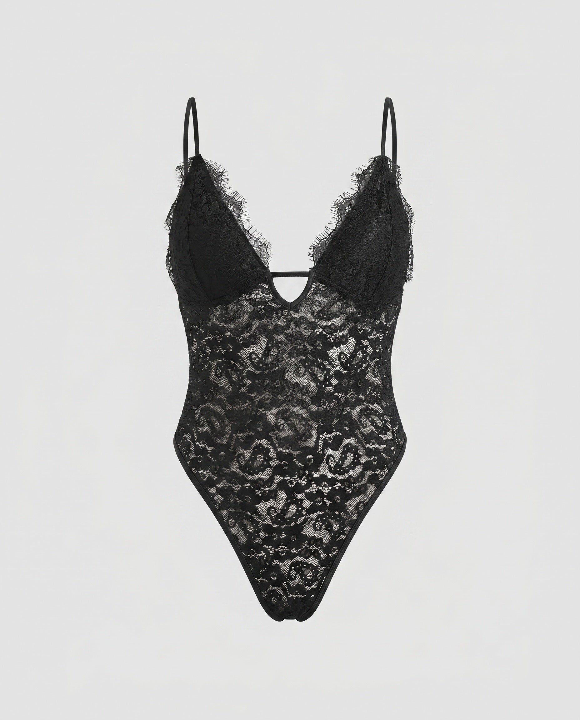 Women's Seductive Lace Bodysuit with Spaghetti Straps, Deep Neckline