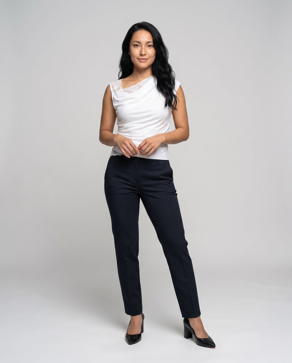 Women's Asymmetrical T-Shirt with Fine Lace and Casual Cut - Front View