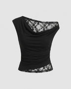 Women's Asymmetrical T-Shirt with Fine Lace and Casual Cut