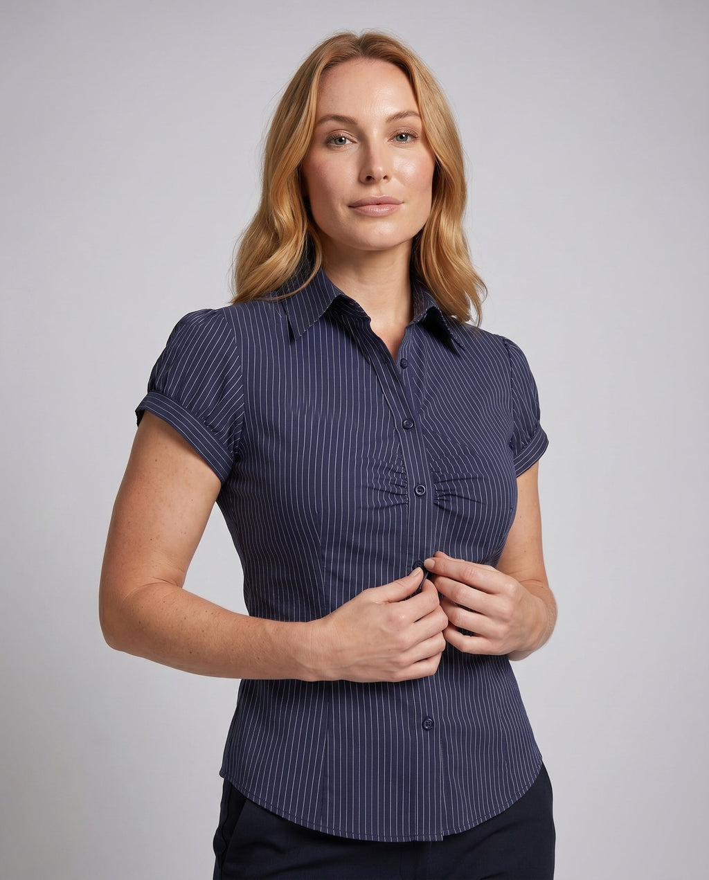 Women's Blouse Shirt with Elegant Fit and Fine Stripes - Upper Body View