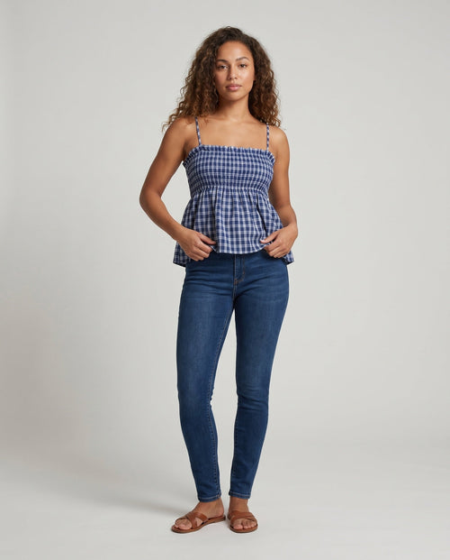Women's Blouse Dress with Elastic Waist Drawstring and Checked Pattern - Front View
