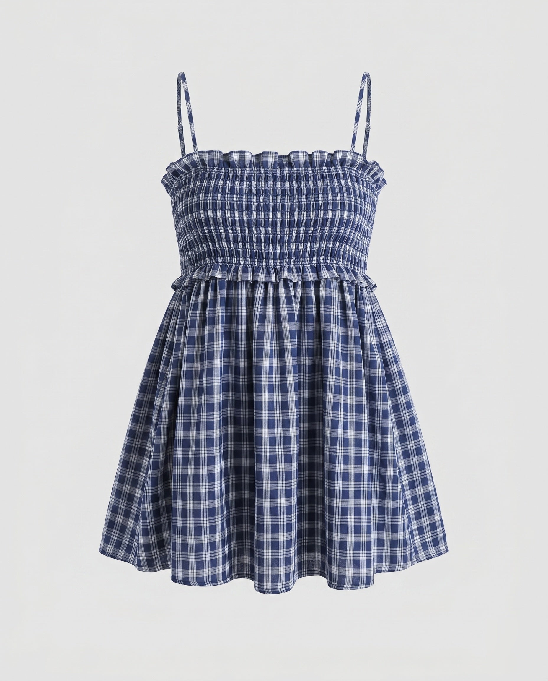 Women's Blouse Dress with Elastic Waist Drawstring and Checked Pattern