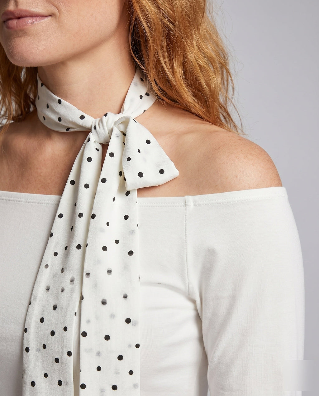 Women's Blouse Top with Decorative Bow Accent and Open Shoulders - Close-Up Detail